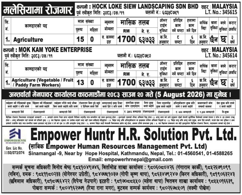 Article Image of job Jobs in Malaysia | Hock Loke Siew Landscaping Sdn. Bhd. & Mok Kam Yoke Enterprise Hiring Agriculture Workers