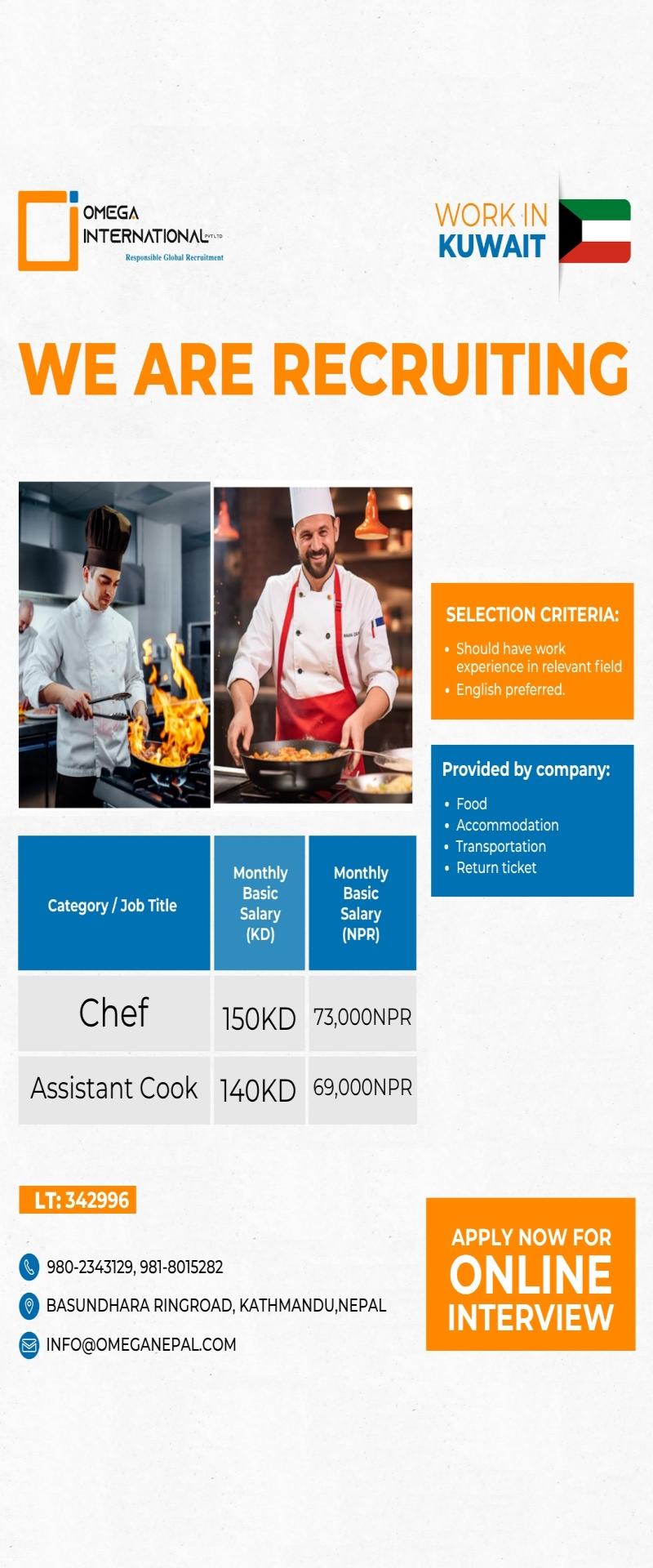 Article Image of job Immediate Hiring for Kuwait Experienced Chef & Assistant Cook