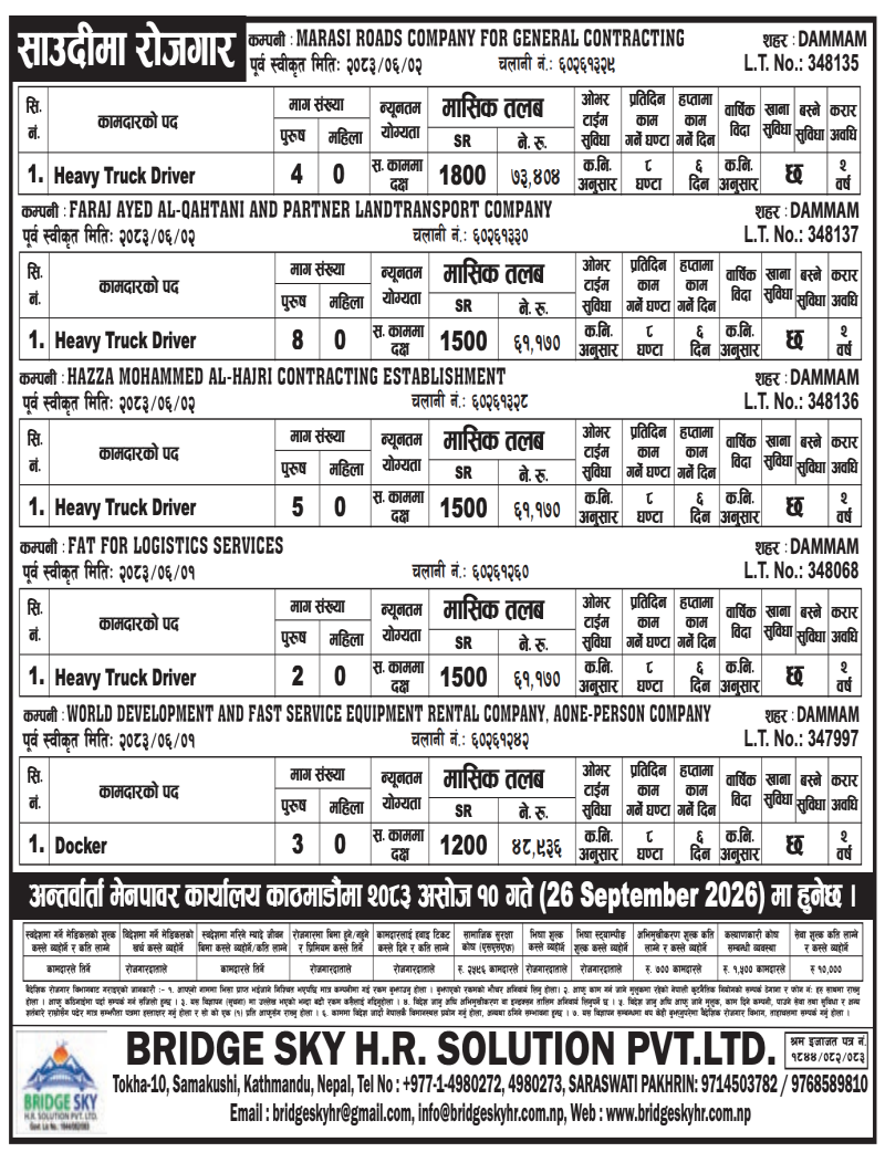 Article Image of job Job Vacancies in Saudi Arabia:  22 Driver's Positions Across 5 Companies at BRIDGE SKY H.R. SOLUTION PVT. LTD.