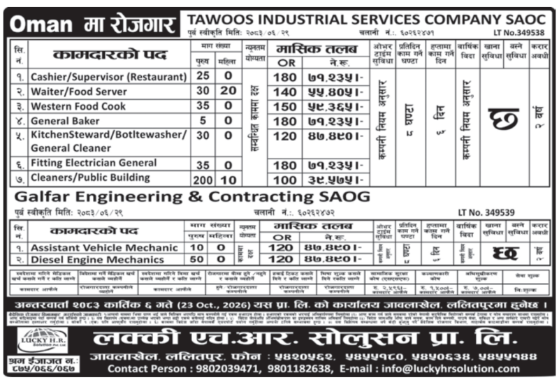 Article Image of job 450-male and female candidates for two major Omani companies: TAWOOS INDUSTRIAL SERVICES COMPANY SAOC and GALFAR ENGINEERING & CONTRACTING SAOG.