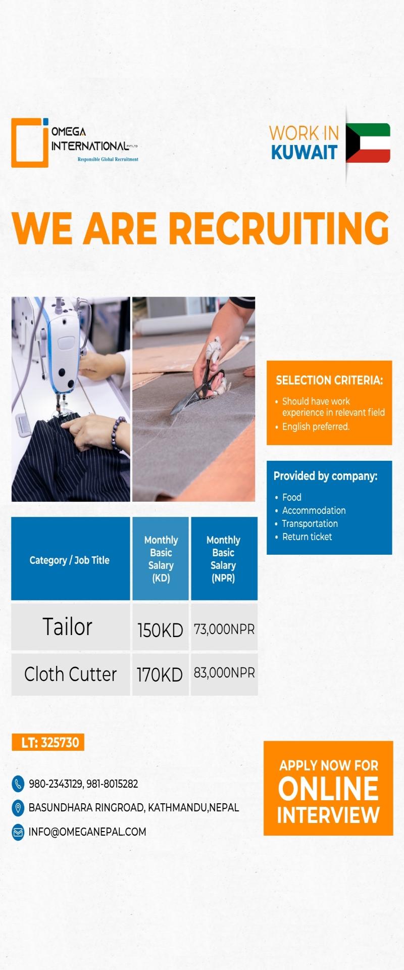 Article Image of job Work in Kuwait Hiring Tailor & Cloth Cutter