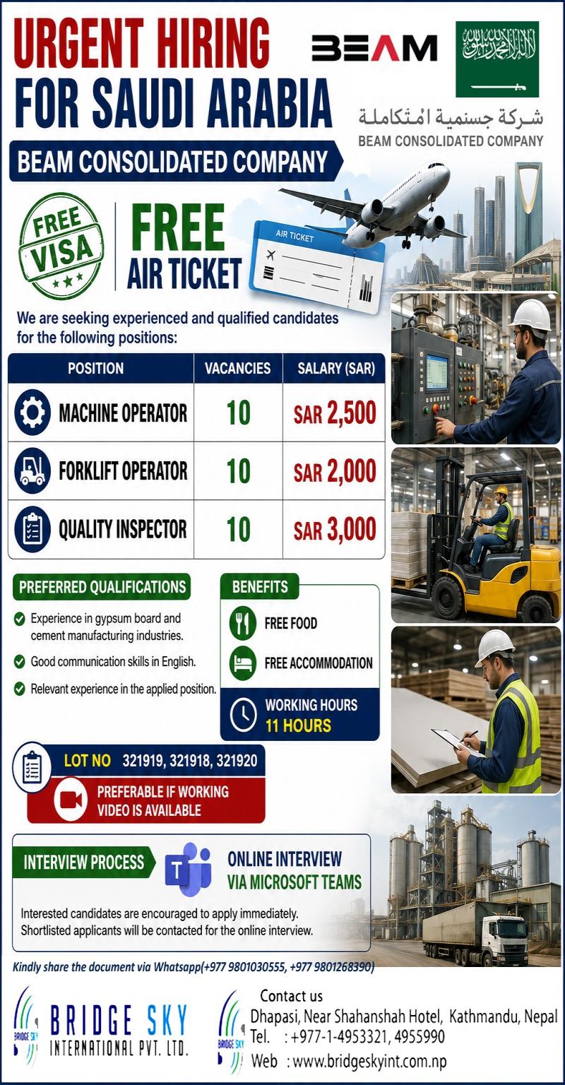 Article Image of job FREE VISA ! FREE TICKET ! MACHINE OPERATOR / FORKLIFT OPERATOR / QUALITY INSPECTOR
