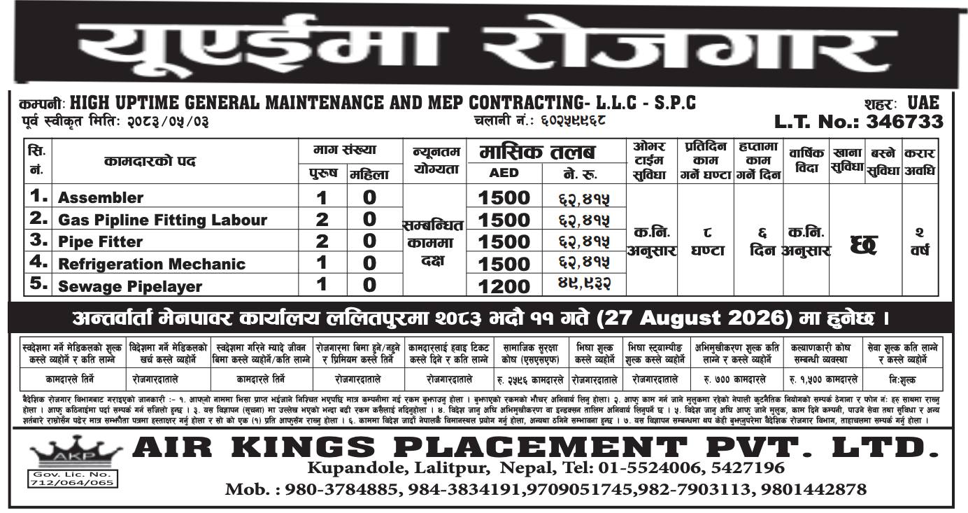 Article Image of job 🇦🇪 Job Vacancies in UAE: 7 Positions at HIGH UPTIME GENERAL MAINTENANCE AND MEP CONTRACTING- L.L.C - S.P.C