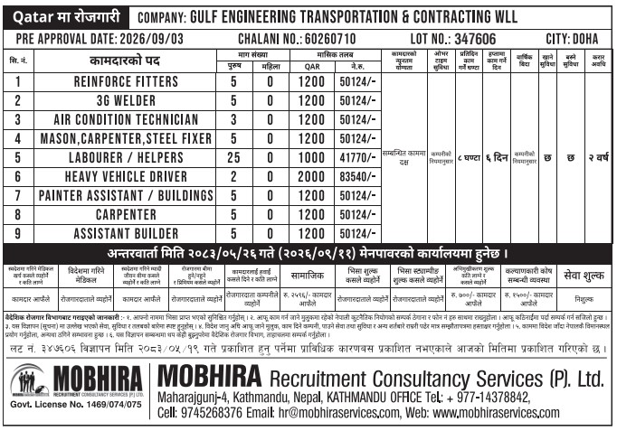 Article Image of job Qatar Job Vacancy – Gulf Engineering Transportation & Contracting WLL