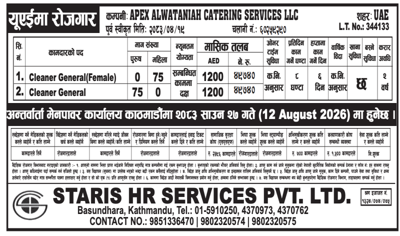 Article Image of job Urgent Hiring in UAE: 150 Vacancies for Cleaner General | APEX ALWATANIAH CATERING SERVICES LLC