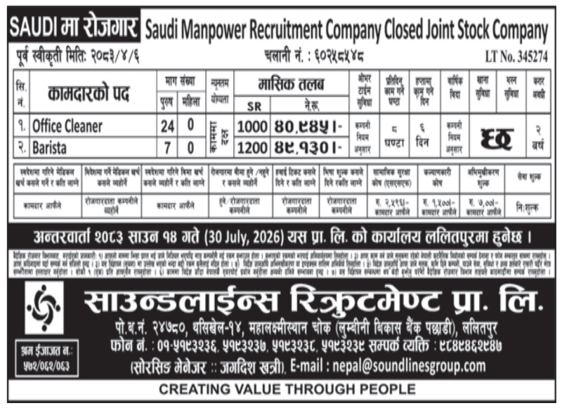 Article Image of job Job Opportunity In saudi For Nepali, No. of Vacancies 31