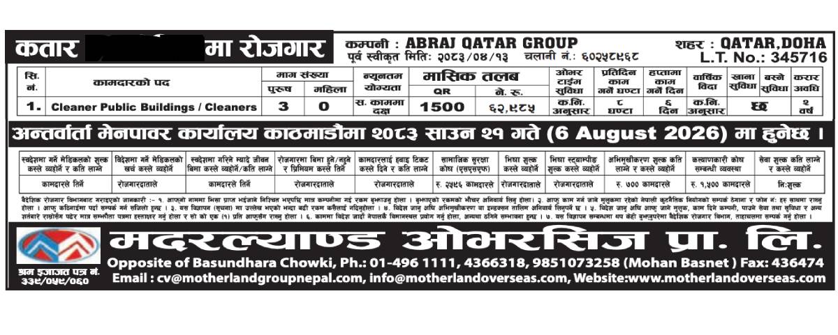 Article Image of job Cleaner workers demand in Qatar with good salary 62,985/-
