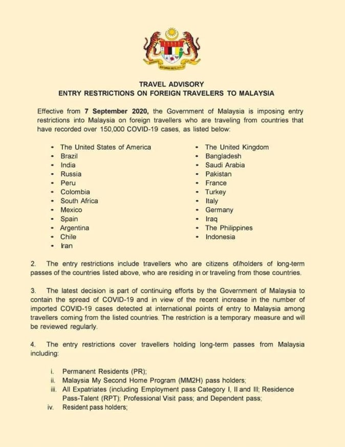 Travel Advisory Entry Restrictions On Foreign Travelers To Malaysia